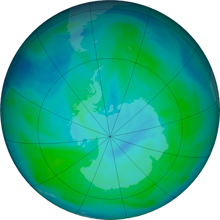 Antarctic ozone map for 09 January 2016